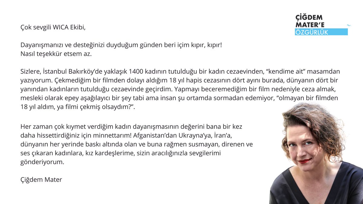 Çiğdem Mater’in 79. Venedik Film Festivali kapsamında düzenlenen Women in Cinema Awards (WICA) töreninde okunan mektubu:
#Venezia79 <a href="/biennalecinema/">Mostra del cinema</a> #FreeCigdemMater