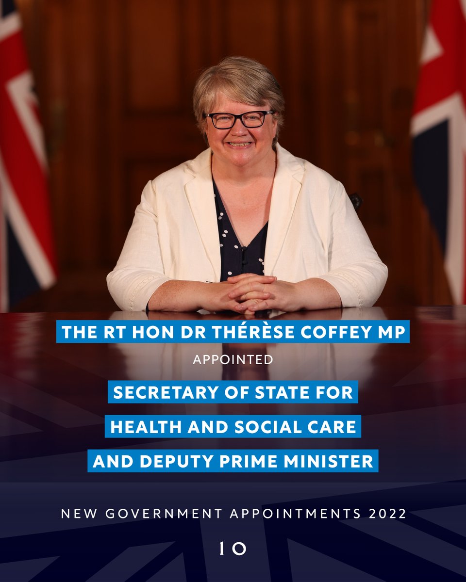 UK Prime Minister (@10downingstreet) on Twitter photo The Rt Hon Dr Thérèse Coffey MP @ThereseCoffey has been appointed Secretary of State for Health and Social Care <a href="/DHSCgovuk/">Department of Health and Social Care</a>.
She will also be Deputy Prime Minister.
#Reshuffle The Rt Hon Dr Thérèse Coffey MP @ThereseCoffey has been appointed Secretary of State for Health and Social Care <a href="/DHSCgovuk/">Department of Health and Social Care</a>.
She will also be Deputy Prime Minister.
#Reshuffle