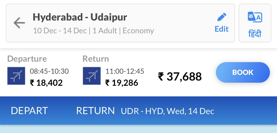 akshitgupta8992's tweet photo. @IndiGo6E direct flights for Udaipur in December from Hyderabad, your round trip cost shows 37000 per person 🫤
Is this a joke?
Dubai flights are much cheaper🤔
Are you the only ones running the airline industry!!
Just because the fare caps were removed? https://t.co/YDAFDBj3Ux