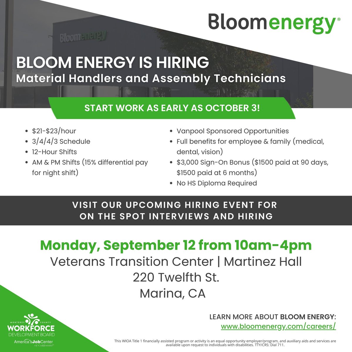MontereyWorks's tweet photo. Bloom Energy is #hiring material handlers and assembly technicians! Visit our #recruitingevent on Sept 12 at the Veterans Transition Center in Marina from 10am-4pm!
For a full list of upcoming recruiting events: https://t.co/V2VPpRhmCu
#montereycounty #montereycountyworks https://t.co/rzvVrX5m8O