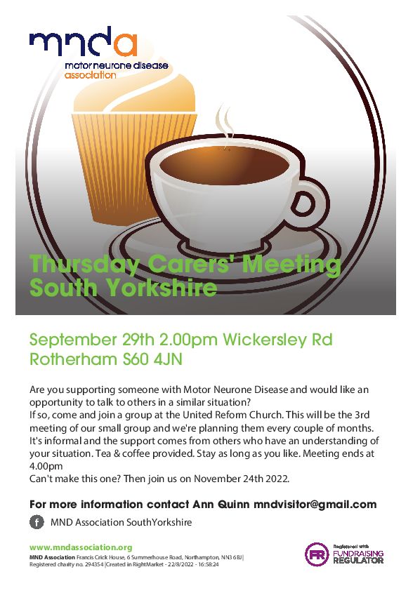 Are you supporting someone with Motor Neurone Disease?

Join us at our carer's meeting in Rotherham on the 29th of September, for a chance to speak with others who understand your situation. 

Read below for more!