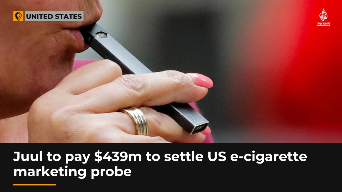 E-cigarette maker Juul agrees to pay $438.5m to settle claims by 34 US states and territories that it downplayed its products’ risks and targeted underage buyers. Read more: aje.io/zr0rjc
