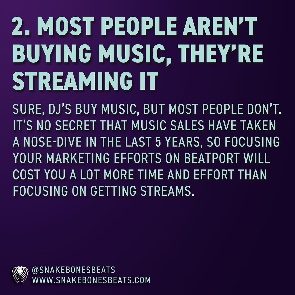 snakebonesbeats's tweet photo. If you’re still focused on releasing music on #beatport you’ll want to read this.

Beatport charts don’t mean what they used to!

This is an opportunity! Why?

Here are 3 of my 5 reasons #spotify is a better place to promote your music to grow a following.

Read more below. https://t.co/DvLbWT5Qny