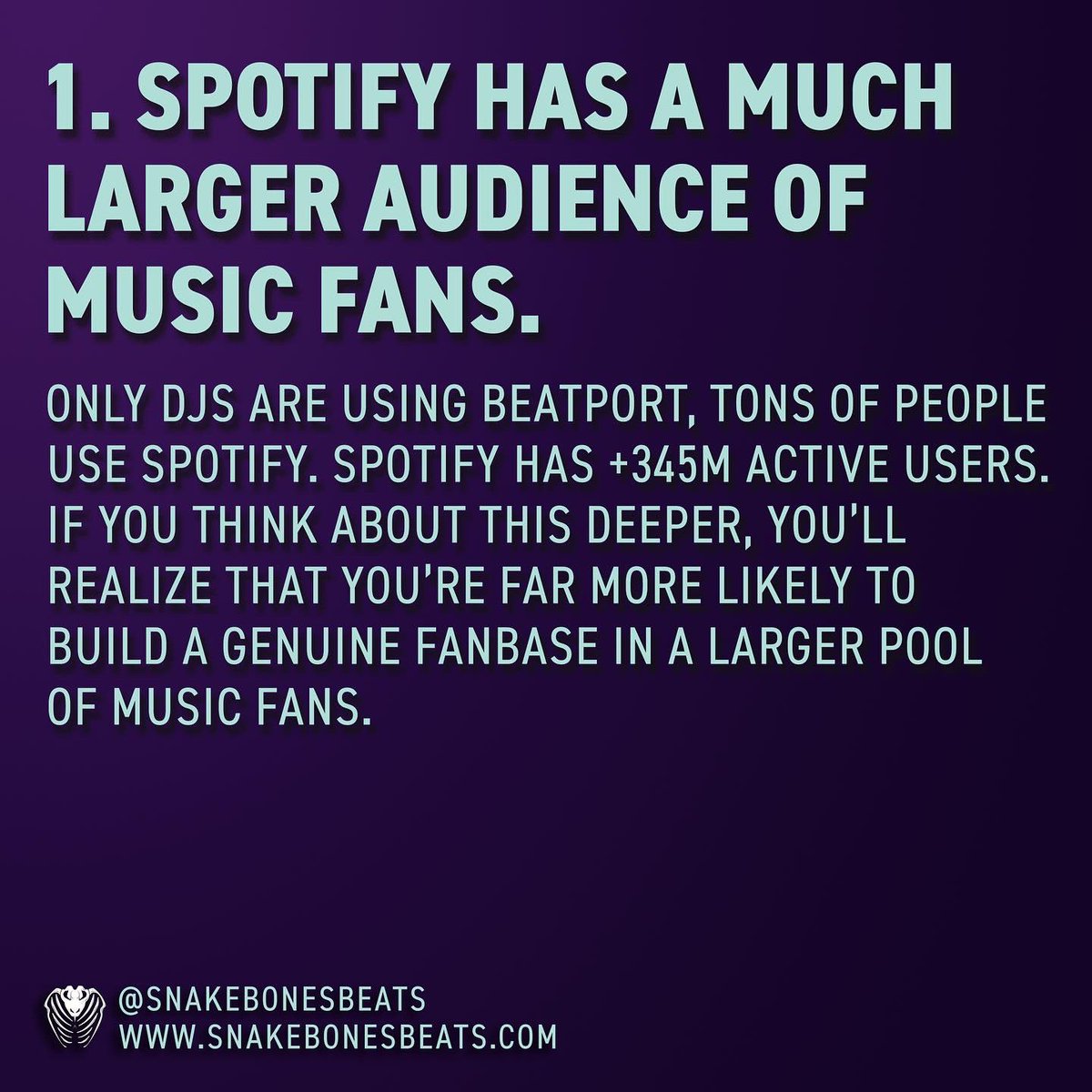 snakebonesbeats's tweet photo. If you’re still focused on releasing music on #beatport you’ll want to read this.

Beatport charts don’t mean what they used to!

This is an opportunity! Why?

Here are 3 of my 5 reasons #spotify is a better place to promote your music to grow a following.

Read more below. https://t.co/DvLbWT5Qny