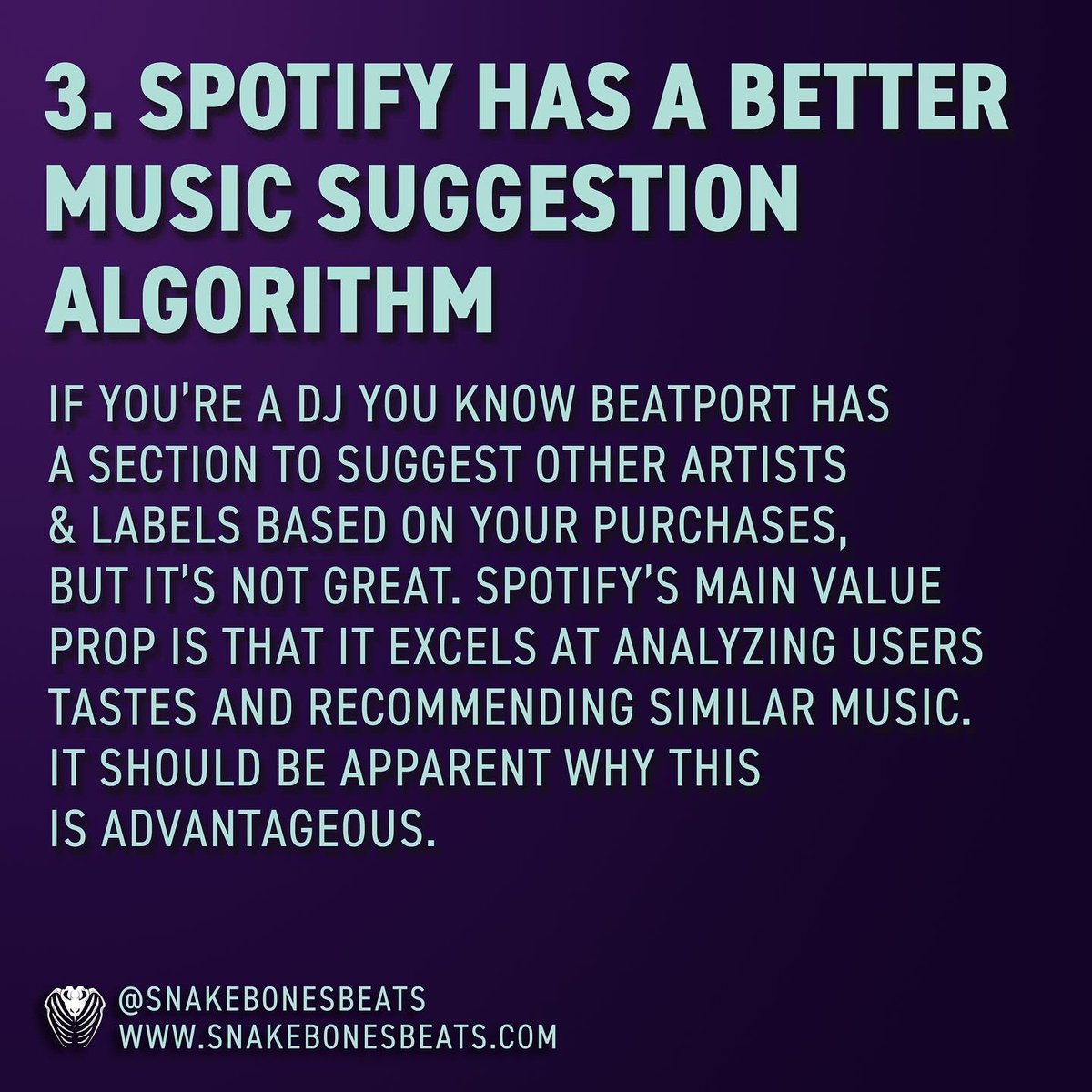 snakebonesbeats's tweet photo. If you’re still focused on releasing music on #beatport you’ll want to read this.

Beatport charts don’t mean what they used to!

This is an opportunity! Why?

Here are 3 of my 5 reasons #spotify is a better place to promote your music to grow a following.

Read more below. https://t.co/DvLbWT5Qny