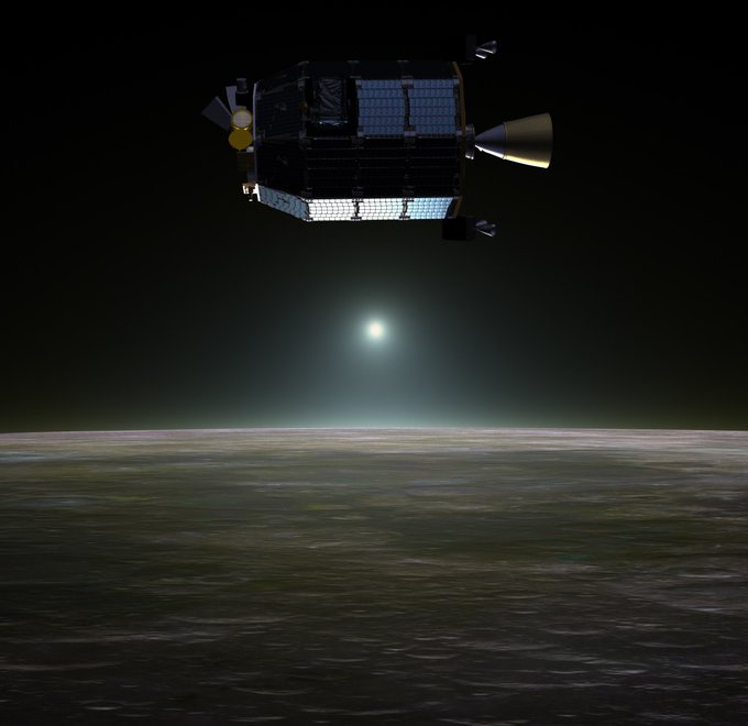 Artist's concept of the LADEE spacecraft orbiting the Moon with the sun visible just above the lunar horizon in the far distance and a slight haze from the thin lunar atmosphere visible.