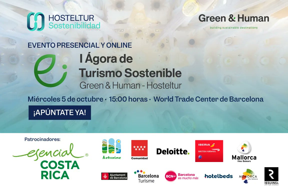 hosteltur's tweet photo. El próximo miércoles 5/10 Green &amp; Human y Hosteltur celebrarán el I Ágora de Turismo Sostenible, un evento en el que se plantean los principales retos para el crecimiento sostenible de la industria turística. 
¡Registrate ahora! 👉 https://t.co/uHq9hFA1P1
#Agoraturismosostenible https://t.co/o3nHZjCK3u
