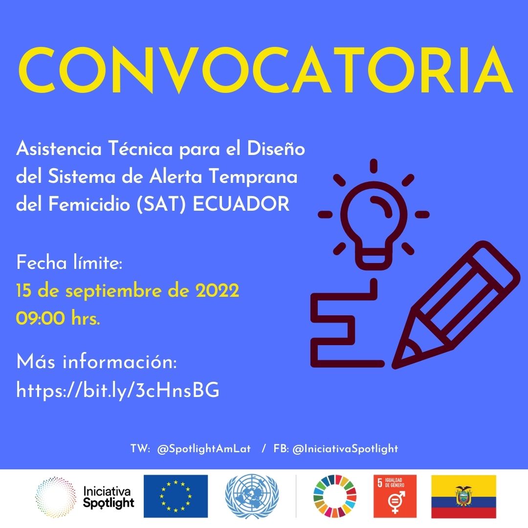 onumujeresEcu's tweet photo. 📢 Nueva convocatoria | #SpotlightEC 🇪🇨

🔎 Buscamos personas jurídicas para Asistencia técnica para el diseño del Sistema de alerta temprana
de femicidio (SAT) - ECUADOR

👉🏽 https://t.co/ntaWbufr3u
📆Fecha límite: 15 de septiembre (9:00 Ecuador)

💡¡Comparte y participa! https://t.co/Iggy2lxHXV