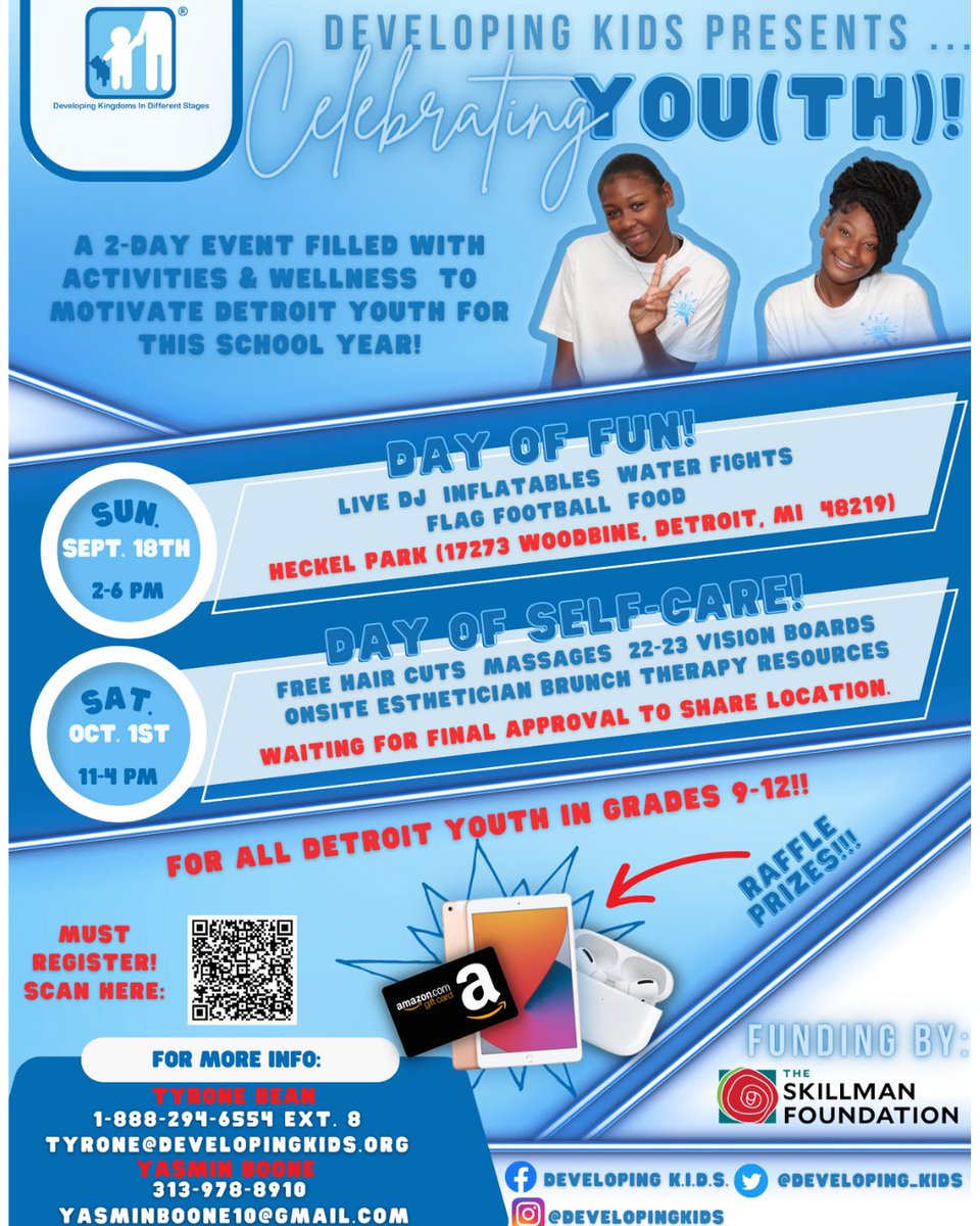 Developing_KIDS's tweet photo. We are so excited to be hosting 2 wellness events to celebrate Detroit high schoolers as they head into the school year! The first one is September 18, 2p-6pm. Day 2 will be October 1, 11a-4pm.

#DevelopingKIDS #DetroitEvents

Registration is required, https://t.co/DcQ7gXBagf https://t.co/HIaSm1WWuO