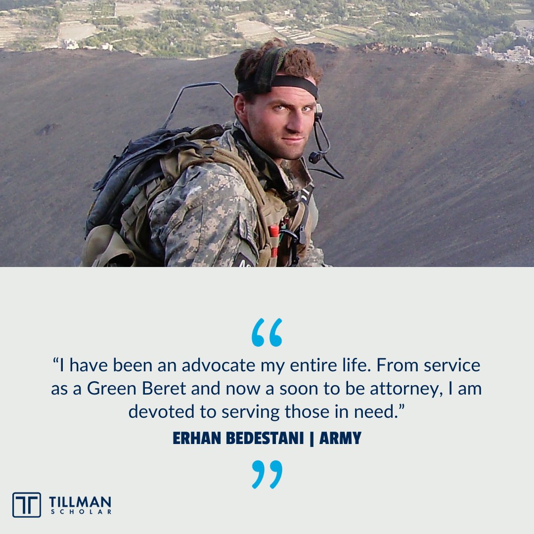 pattillmanfnd's tweet photo. “I have been an advocate my entire life. From service as a Green Beret and now a soon to be attorney, I am devoted to serving those in need.”
Meet 2022 Tillman Scholar @EBedestani and the rest of the 2022 class of scholars here: https://t.co/wIFjdPpsVj
#60DaysofScholars https://t.co/BkPTgiyXVI