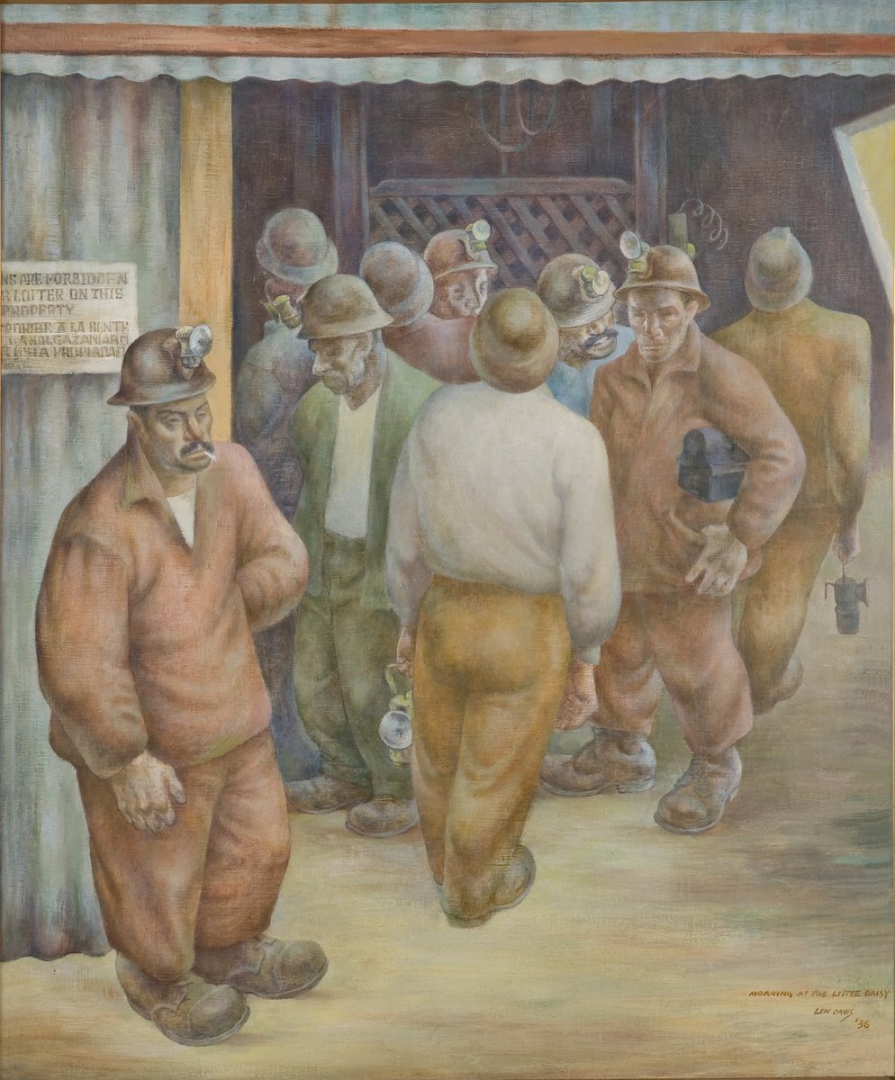 #LaborDay is a US holiday that recognizes labor and union movements. Today we consider how artists have documented and interpreted labor. Lew Davis' Morning at the Little Daisy Jerome (1936) depicts the sturdy yet sunken faces of miners who daily sacrificed health and safety.