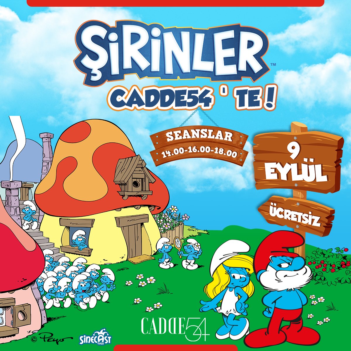 🔵Şirinler ile eğlence Cadde54'te tüm çocukları bekliyor!

🗓 9 Eylül Cuma
⏰ 3 Seans : 14.00 - 16.00 - 18.00