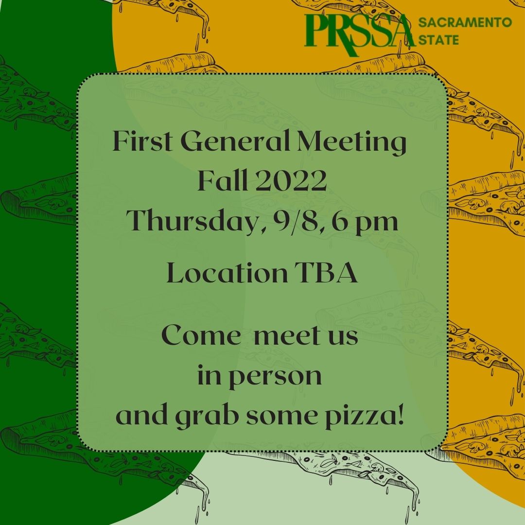 PRSSASacState's tweet photo. We're so excited to meet you in person! Our first General Meeting of the semester is this Thursday, at 6:00pm! The location will be announced closer to the date. Come hang out with us and have some pizza. #prssa #sacstate #prssasacstate https://t.co/IfTmkPmKj7
