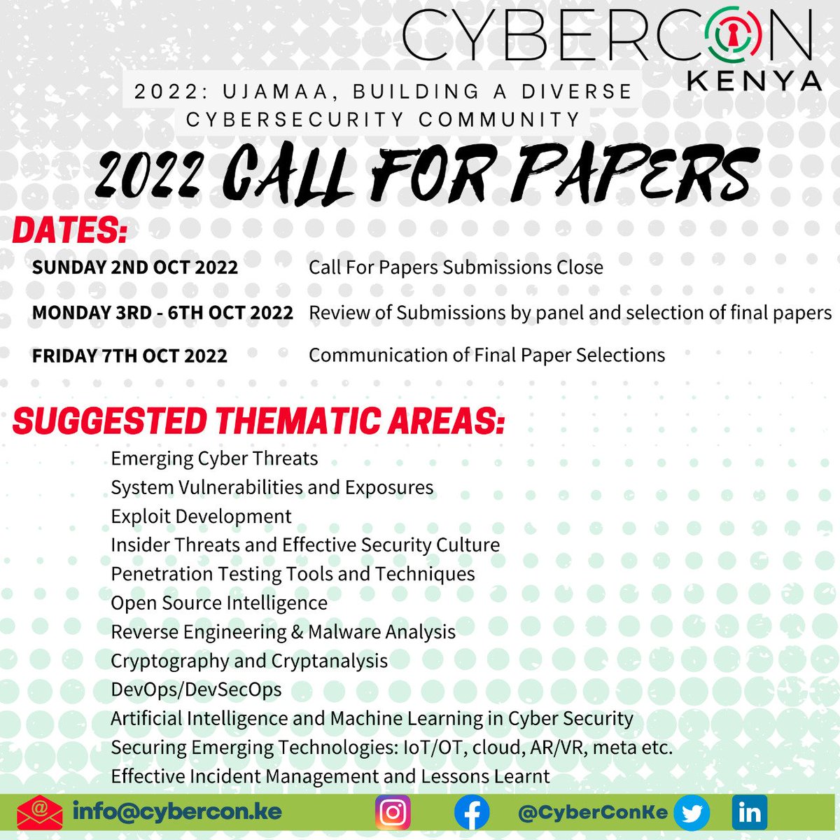 We are now accepting papers for <a href="/CyberConKe/">CyberConKe #kenyaCyberCon2022</a>. If you have something interesting you wish to share with the rest of the #CyberSecurity community in Kenya, now is your chance. Please submit your papers via forms.gle/2jvKQLxahLJ4bU…