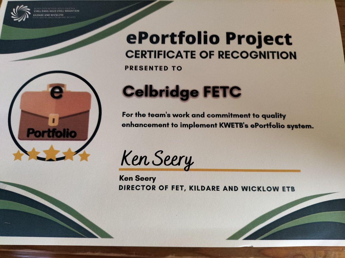 CelbridgeFETC's tweet photo. Staff at Celbridge Further Education Centre recognised today by #KWETB for their work in presenting #QQI assessments through ePortfolio @KWETB @SOLASFET #FETConnect @QQI_connect #Thisisfet #SOLAS #Training #skills https://t.co/9OYuz1QsRL