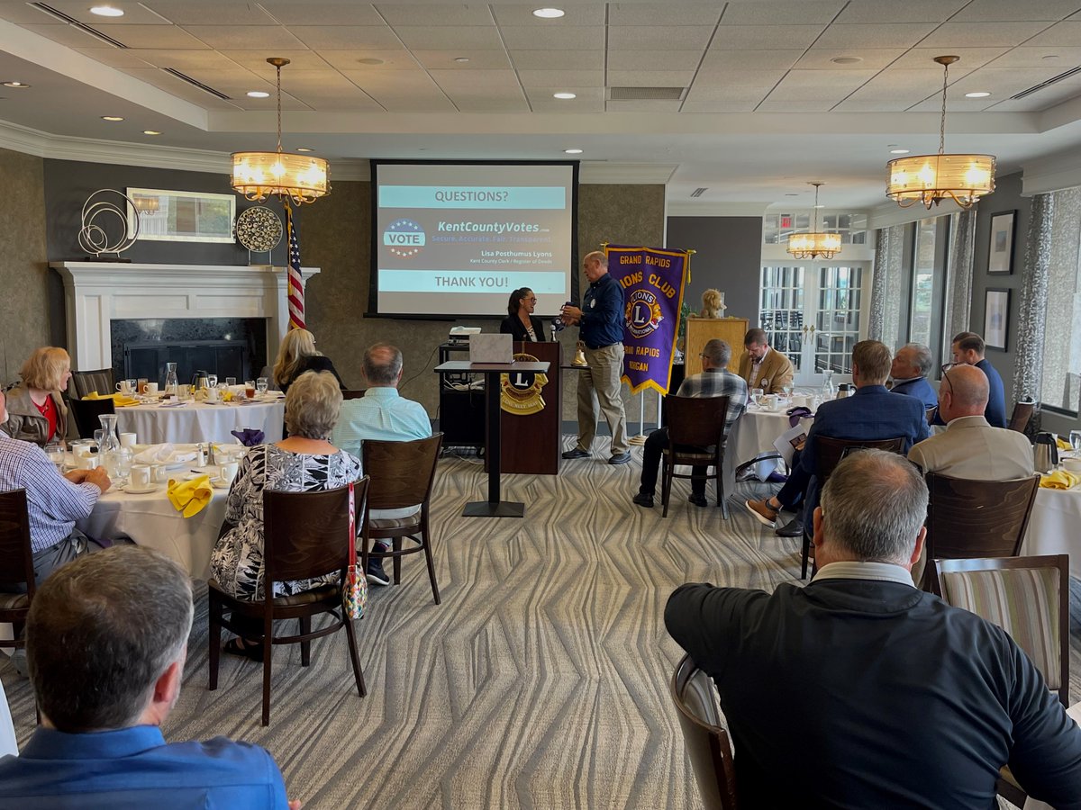 KentCountyClerk's tweet photo. Lyons at the Lions! It was great to share my #KentCountyVotes: Elections 101 presentation to the Grand Rapids Lions Club this afternoon. Reach out if you'd like me to speak to your service club of community organization. 🇺🇸 https://t.co/Xs1VgBuh3o