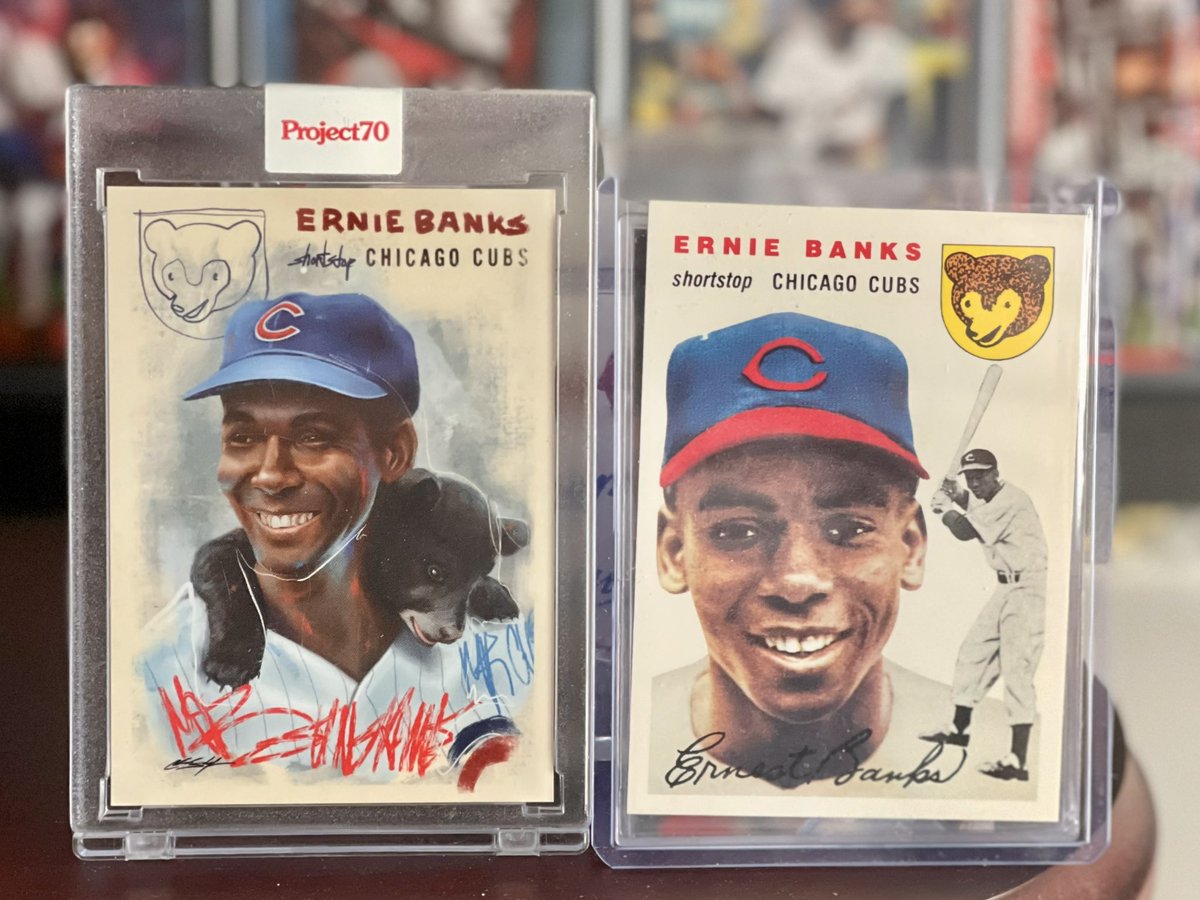 sirjames77's tweet photo. Never noticed this before. @ChuckStyless Ernie Banks p70 card looks like it could be a companion card to his 1954 roomie card. Love how these 2 compliment each other and yes the ‘54 is a reprint. @cardpurchaser
#chuckstyles #erniebanks #project70 #topps #cardart #thehobby https://t.co/n7ngBI3rbn