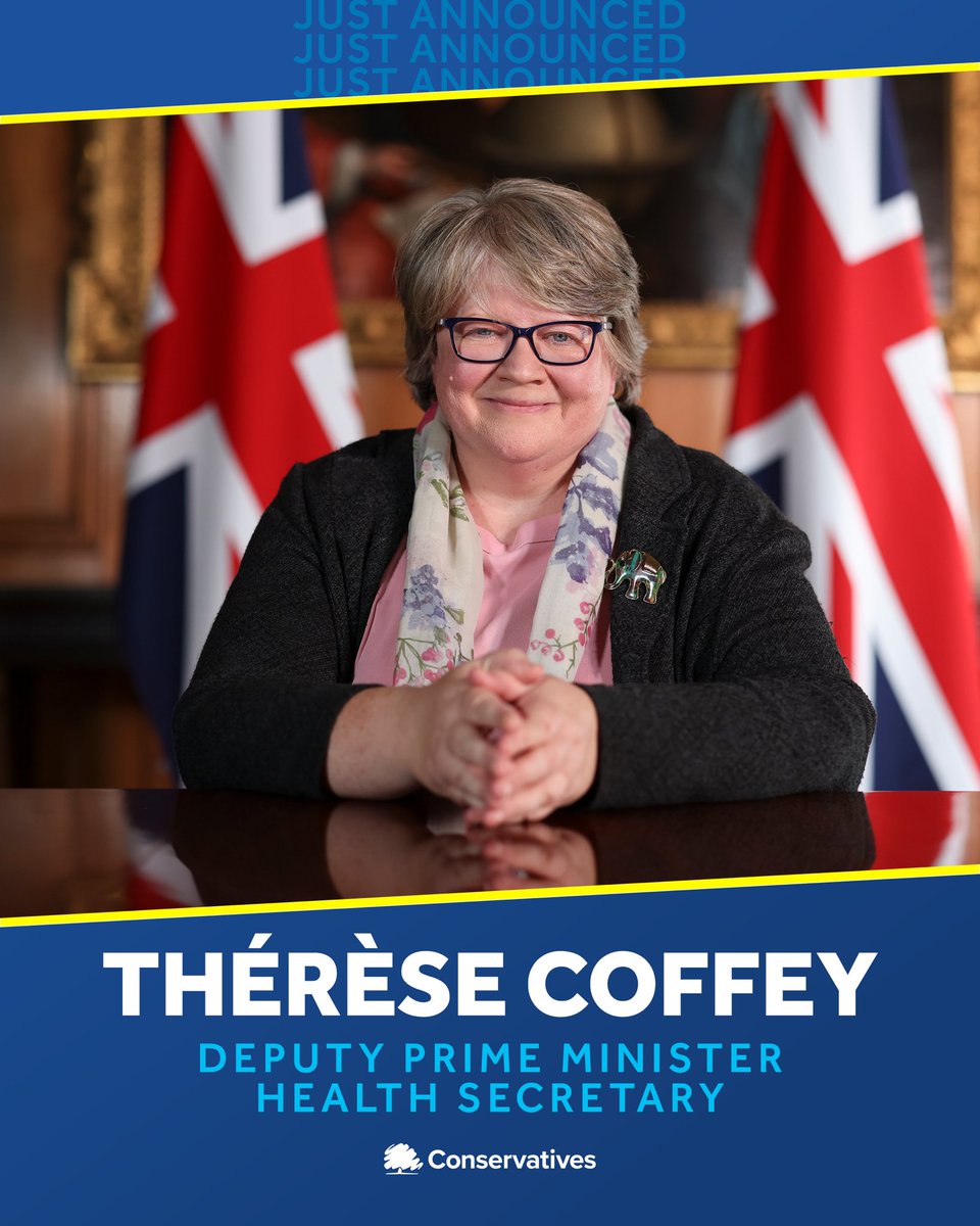 Conservatives's tweet photo. 🩺 NEW: Thérèse Coffey has been appointed as Deputy Prime Minister and Health Secretary https://t.co/WkvMCZrM7O