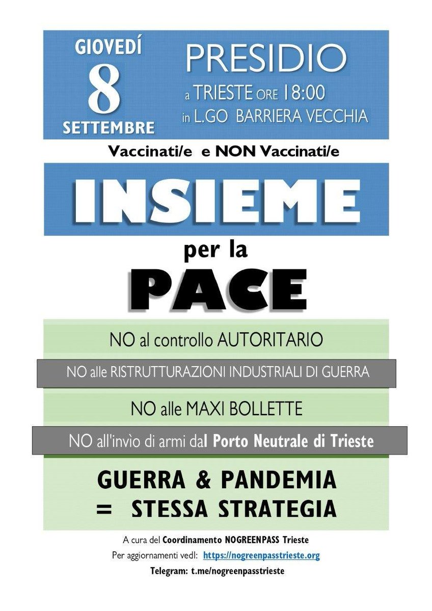 studentiNoGPTS's tweet photo. Ci vediamo l'8 settembre, alle ore 18, in Largo Barriera.

Guerra e pandemia, stessa strategia di controllo autoritario! https://t.co/tCFvTNxee9