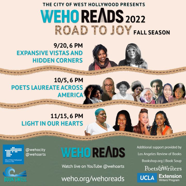 WeHo Reads returns with three free literary events this fall. Join us as we continue our journey down the #roadtojoy ! All events are free and you can watch live on the WeHo Arts YouTube channel. Learn more and RSVP at weho.org/wehoreads #WeHoArts #author #writers #poet