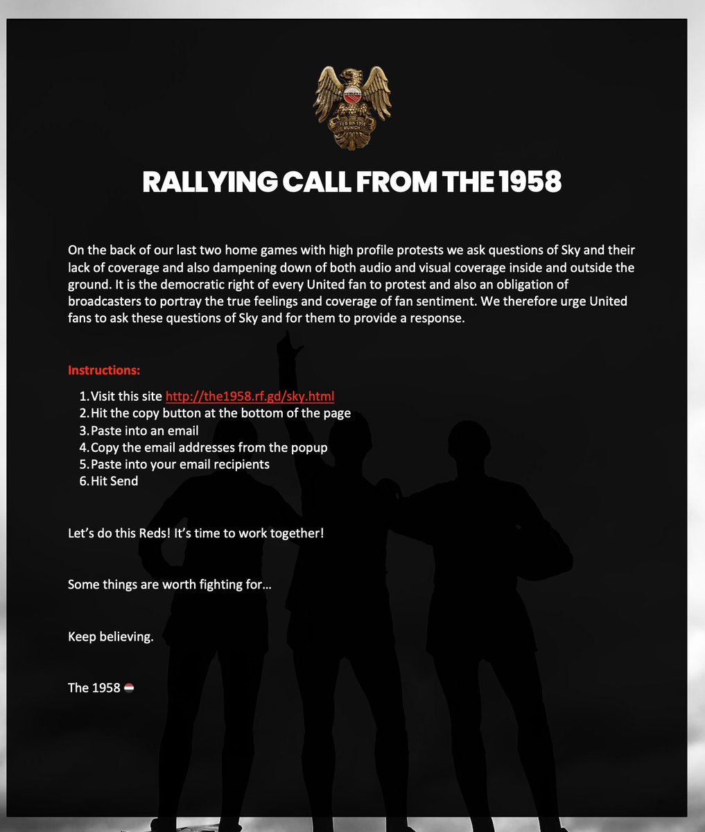 The__1958's tweet photo. EMAIL CAMPAIGN 

It’s clear Sky are complicit in their support for the Glazers.

Dampening vocal and visual protests against the ownership. Which is our democratic right. 

Let’s ask Sky to explain why! 

Instructions in the link below👇

https://t.co/gQsiksqaws

We keep going 🇾🇪 https://t.co/IvrCkka9qM