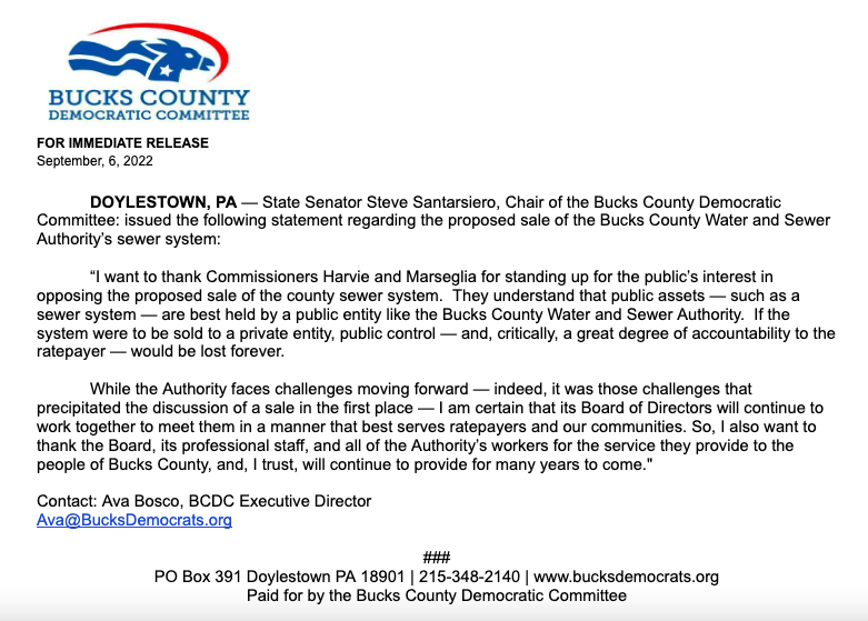 BucksDems's tweet photo. Thank you to Commissioners Harvie and Marseglia for standing up for the publicโs interest in opposing the proposed sale of the county sewer system. Our statement below ๐ #BCWSA #BucksCounty https://t.co/LsAQqhVdCV