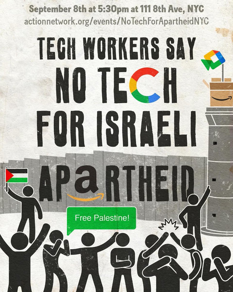 jvpliveNY's tweet photo. Google and Amazon workers are standing up for Palestinian rights - this is huge - we have to support  them. Join us this Thursday out front of the Google NYC office to say #NoTechForApartheid. RSVP at the link for more info: https://t.co/3aq5IkMMhf https://t.co/nTKkkCgXFl
