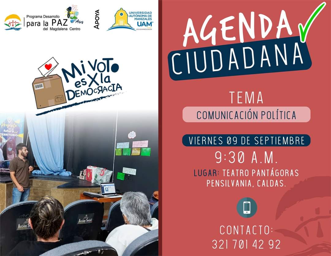 PDPMCentro's tweet photo. Nos vemos en el Teatro Pantágoras del municipio de Pensilvania este viernes 09 de septiembre para el encuentro del proceso de Agenda Ciudadana, en el que se trabajará el tema de "comunicación política" con el apoyo de la @uammanizales.
Mayor información: 321 701 4292
#PDPMC https://t.co/RBwFEf5u71