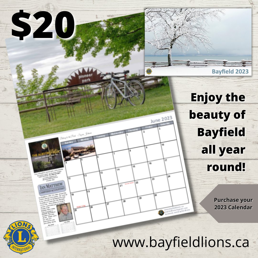 Hang a piece of Bayfield in your home &amp; enjoy the beauty of this place all year round! 📆🌅

Pick up a 2023 Bayfield Calendar! $20 each! 
📆 Online at bayfieldlions.ca
📆 Bayfield Lions Club member
📆 The Village Bookshop
📆 Foodland on Main St.
📆 Bayfield Convenience