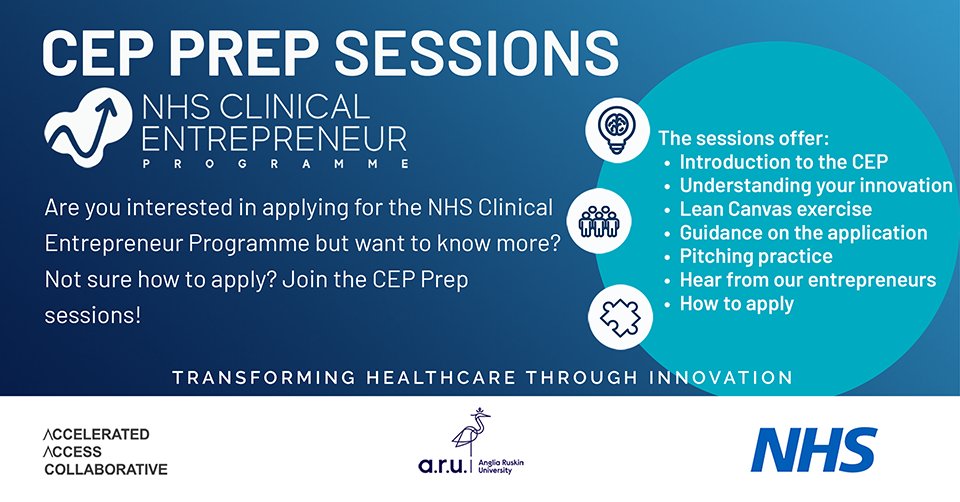 Applications for the #NHS Clinical Entrepreneur Programme will open 3rd October. Join our CEP Prep Sessions to get application ready! #Pharmacists #HealthcareScientists #Nurses #Midwives #AHPs #Doctors #Dentists nhscep.com/events/
<a href="/DrTonyYoung/">Tony Young</a> <a href="/AACinnovation/">Accelerated Access Collaborative</a> #NHSCEP7