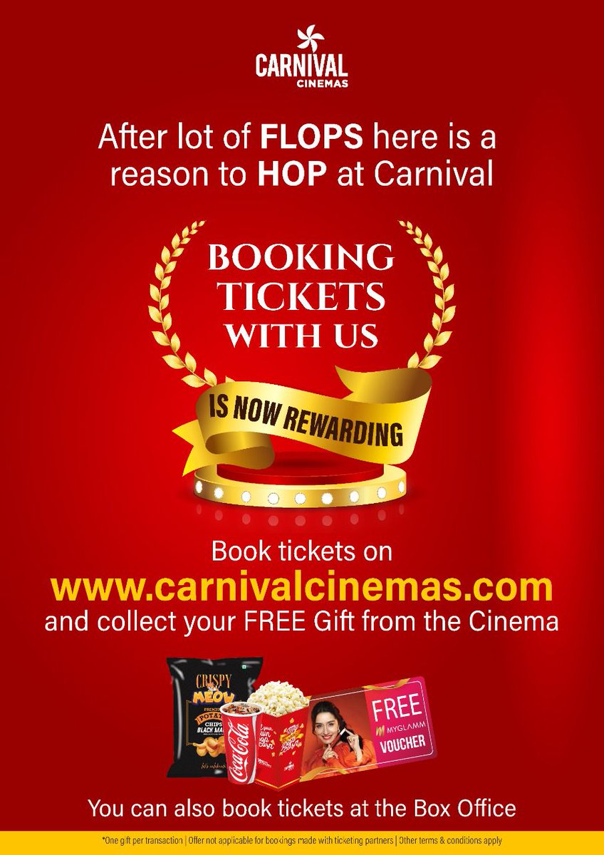 CarnivalCin's tweet photo. HOP in Carnival Cinemas because its the end of FLOPS 🎬

Book your tickets now at :
https://t.co/TOqUXtdcfZ

And collect FREE gift 🎁 from the Cinema.

*Offer only applicable on Bookings through Carnival Cinemas Website Only.

#carnivalcinemas #comecelebrate https://t.co/8BRkwYIlWg