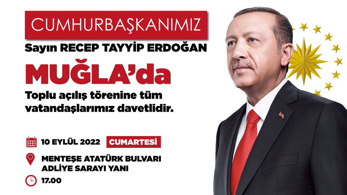 MarmarisAkParti's tweet photo. Cumhurbaşkanımız Sayın @RTErdogan 10 Eylül Cumartesi günü Muğlalı hemşerilerimizle buluşuyor.
Tüm vatandaşlarımız davetlidir.

📍Menteşe Atatürk Bulvarı - Adliye Sarayı Yanı

🕖17.00 https://t.co/iq7nq7ajR3