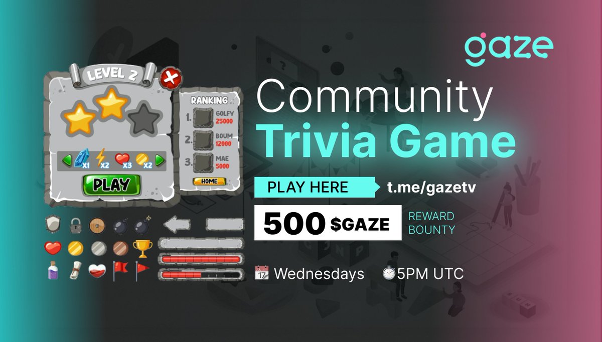 🎮It's Game Time! Join our mid-week community Trivia Game.

Top 5 contestants will share our reward pool of 500 $GAZE!

Sneak peek: Question are GazeTV &amp; Blockchain based. DYOR.

Are you confident? Join in: 

📆 Sept 7
⏰ 5 PM UTC
📍t.me/gazetv