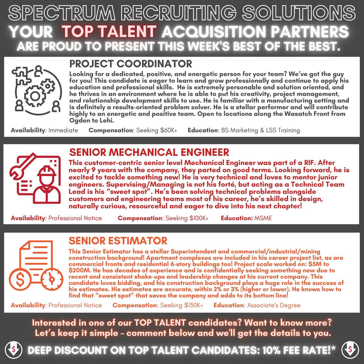 thespectrumsolu's tweet image. TOP TALENT TUESDAY! #ProjectCoordinator, #SeniorMechanicalEngineer, #SeniorEstimator. Email Info@thespectrumsolution.com for more. #toptalent #spectrumrecruitingsolutions #candidatespotlight #bestofthebest #recruiting #outplacement #rpo #manfacturing #engineering