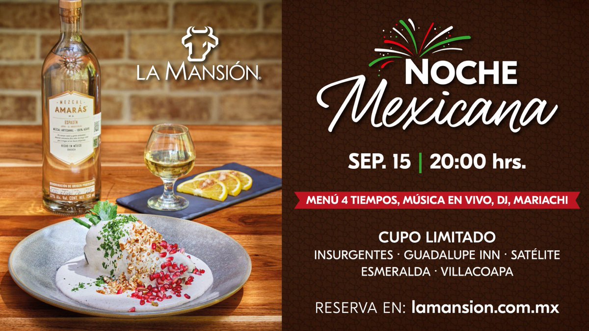 ¡Vive una noche muy mexicana en <a href="/LaMansionMex/">La Mansion Rest</a> y deléitate con una cena de 4 tiempos, música en vivo, DJ y Mariachi! 🥳🇲🇽

Reserva en: lamansion.com.mx

#AMRrecomienda #FiestasPatrias