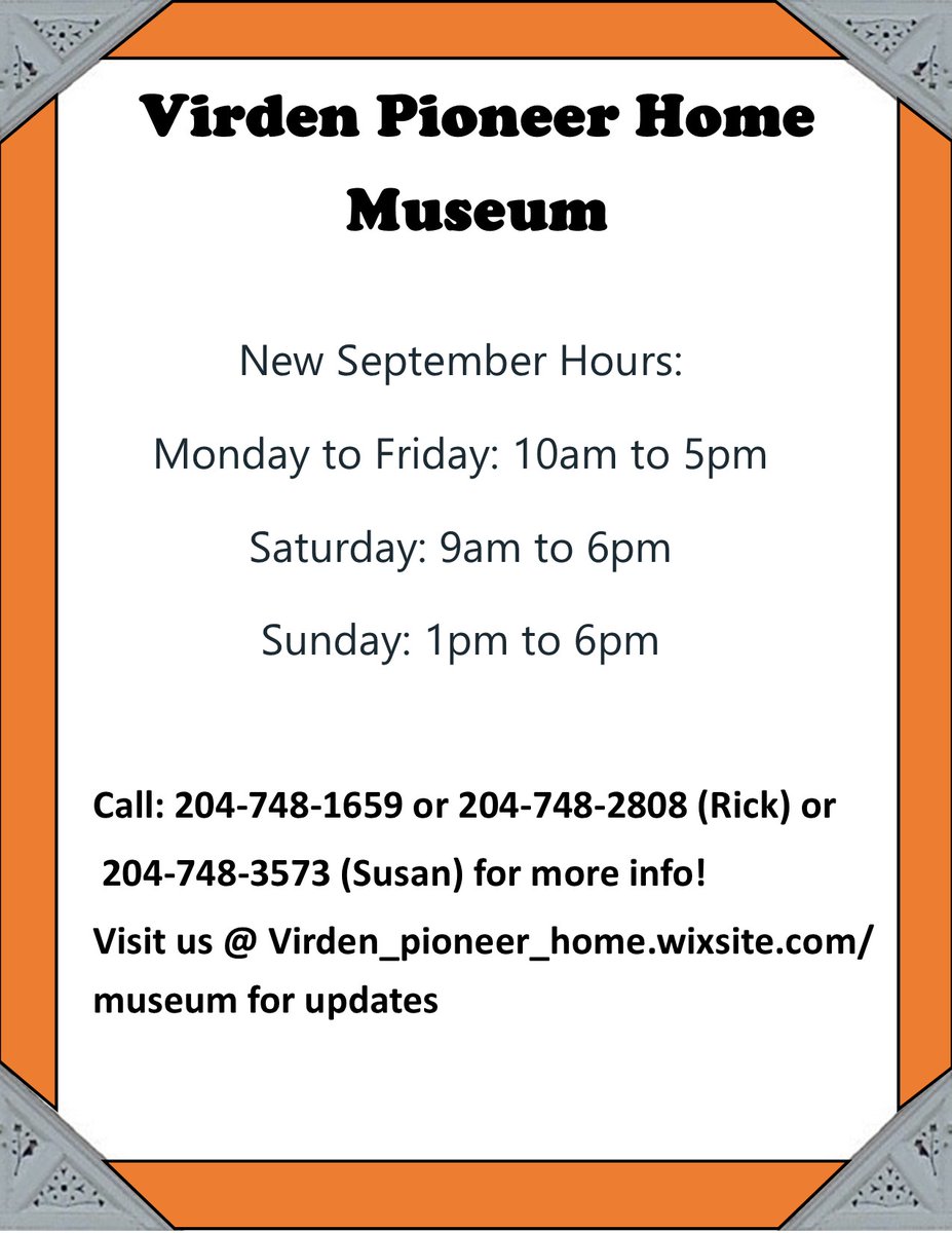 VirdenPioneers's tweet photo. Hi everyone! Here are the new hours for the Museum! https://t.co/sBAjPY3vbY