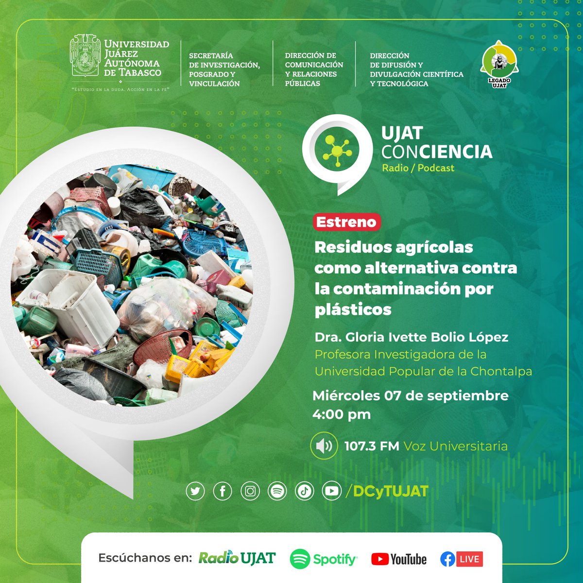 La Dra. Gloria Bolio de la #UPCH nos platicará sobre el uso de #residuos #agrícolas como una alternativa contra la #contaminación por #plásticos. 🌿🍂🍃🌎
🗓️📌 Miércoles, 07 de septiembre a las 04:00 p.m.
#UJATConCienciaRadio 107.3 FM Voz Universitaria
🎧🎙👇
#CienciaJuchiman