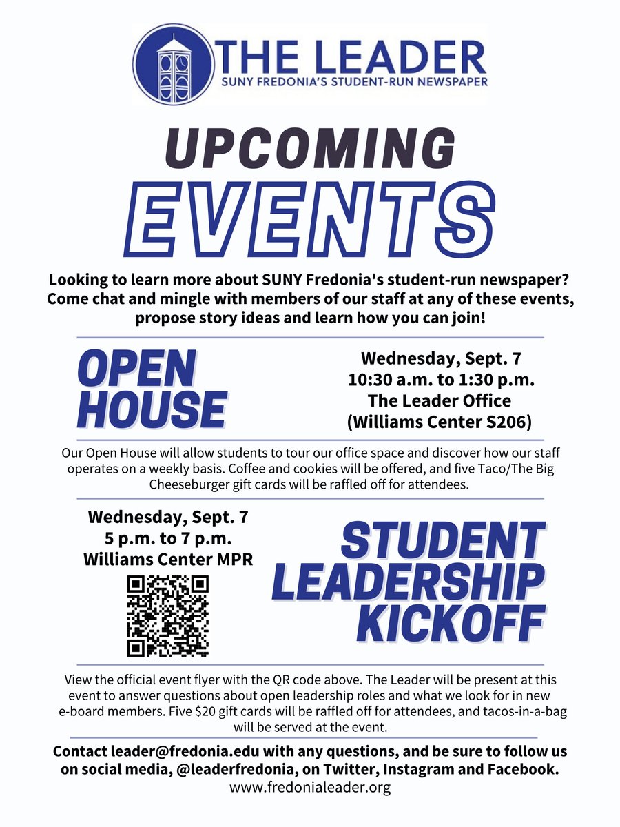 LeaderFredonia's tweet photo. Our first issue of the semester will be released tomorrow morning, and we are celebrating with a party! 🗞️🎉
All are invited to stop by The Leader Office (Williams Center S206) between 10:30 a.m. to 1:30 p.m. tomorrow for cookies, coffee and a brand new issue of The Leader. https://t.co/08onKFUZWN