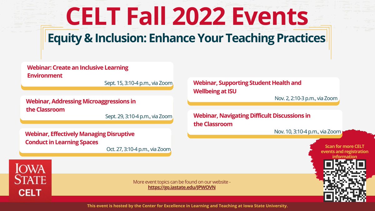 Join us next week for a webinar about supporting student health and wellbeing. From 2:10-3 p.m., members of Student Wellness and Health Services will provide an overview of ISU's needs assessment and current data. Register for this event on our website - celt.iastate.edu/event/webinar-…