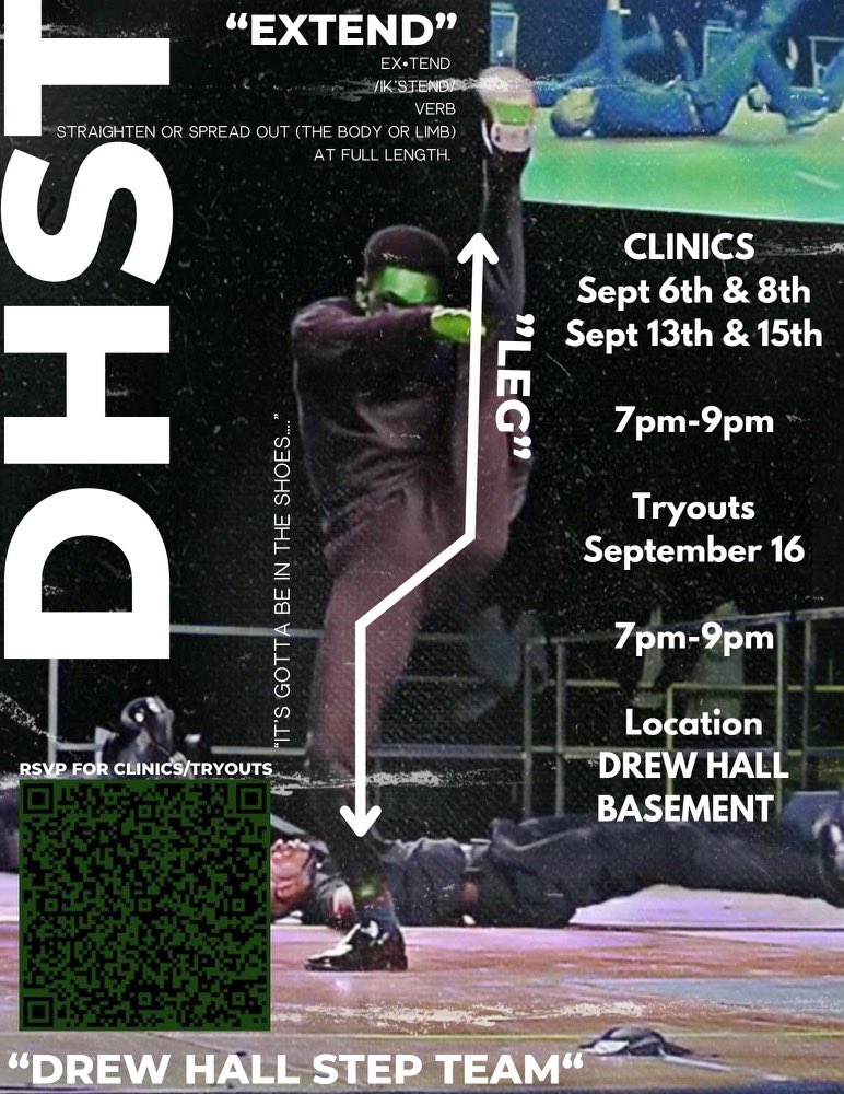 DHST__'s tweet photo. Reminder that clinics start tonight @ 7pm and last through 9pm. Bring water, athletic wear, and a mask. QR Code is provided to RSVP for clinics and the tryout on Friday, September 16th! #HU26 https://t.co/Rew64iZ2c0