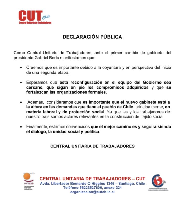 Cutchile's tweet photo. DECLARACIÓN PÚBLICA 📣
 
Respecto al primer #CambioDeGabinete que realizó el Jefe de Estado, Gabriel Boric. Como Central Unitaria de Trabajadores manifestamos que es importante debido al inicio de una segunda etapa.

Léelo completo aquí 👇🏽 https://t.co/PyAWiI20g5