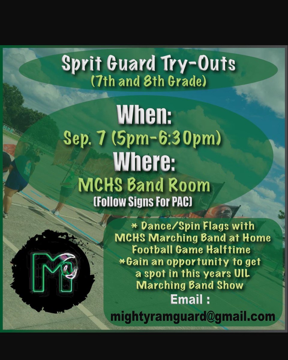 MCHSCG's tweet photo. ITS TOMORROW! Color guard spirit team tryouts are tomorrow from 5 to 6:30pm. Stop by and see for your self what all the rave is about. https://t.co/7EQFTwUP0g