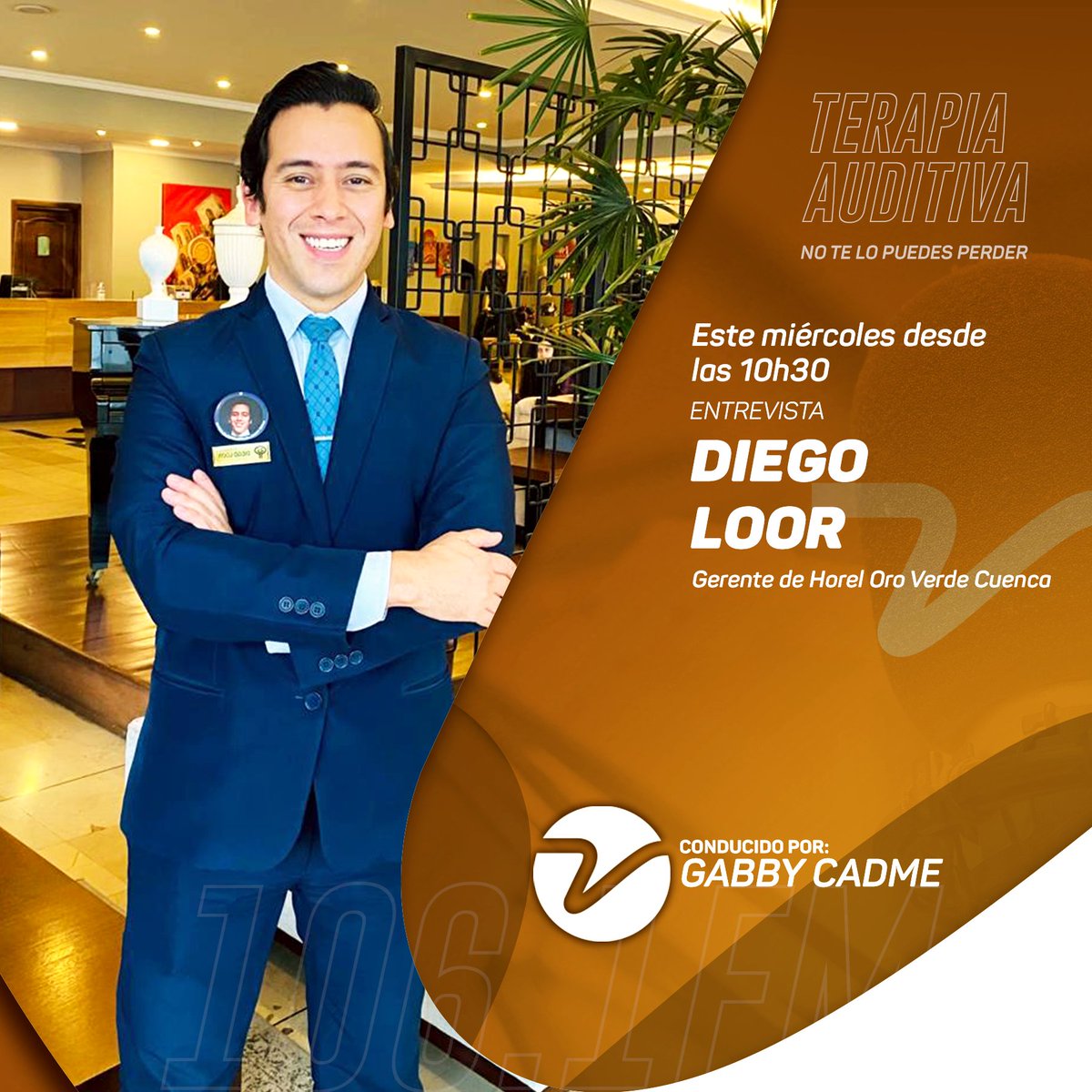 Entrevista 🎙️ | Terapia Auditiva

Este miércoles Gabby Cadme conversará con Diego Loor, Gerente de Hotel Oro Verde Cuenca. <a href="/OroVerdeCuenca/">HotelOroVerdeCuenca</a>

Desde a las 10h30 por 106.1FM 📻 en #Azuay y #Cañar, radiovisioncuenca.com