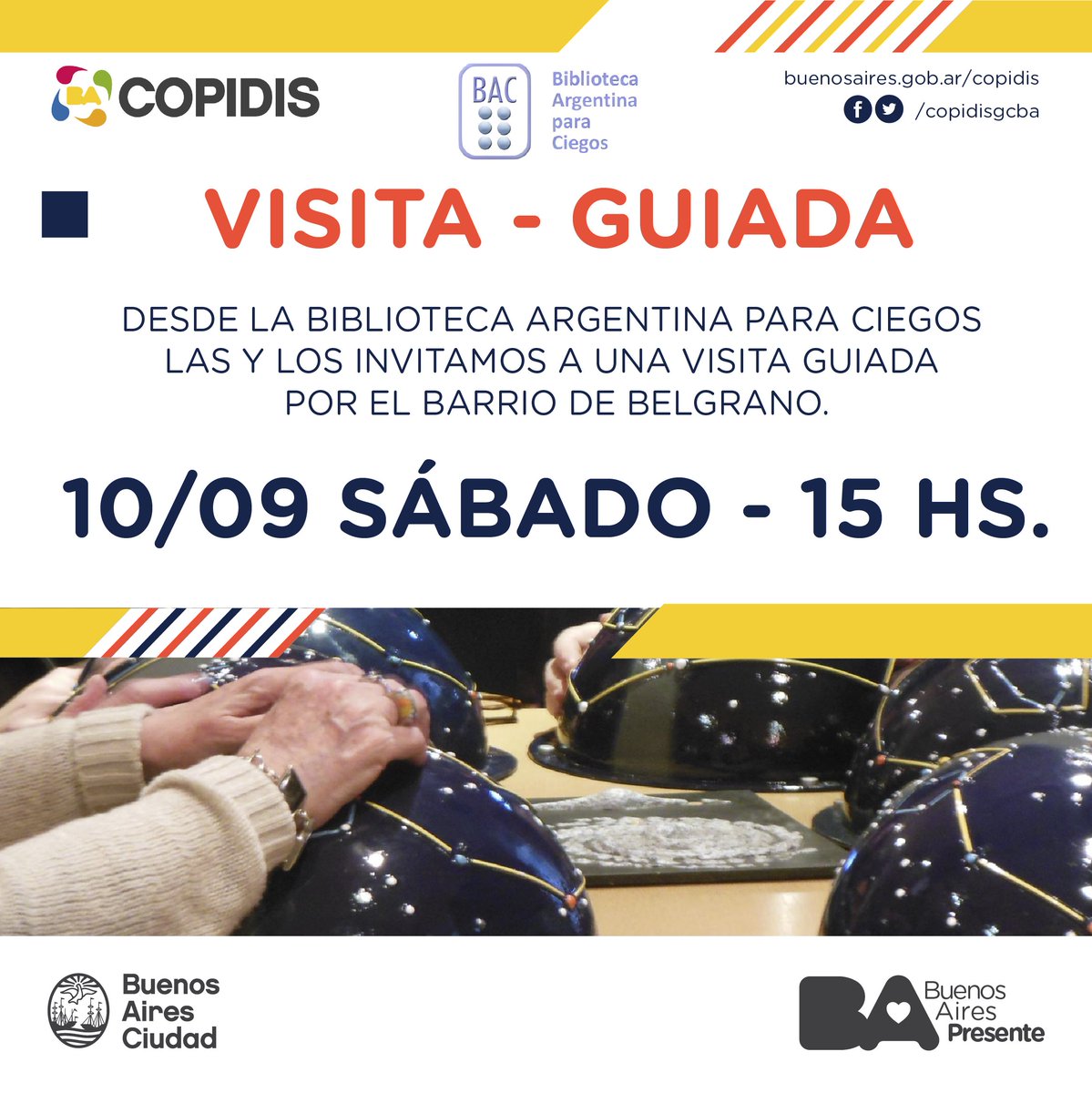 Visita guiada para personas con discapacidad visual. En esta ocasión vamos a conocer el histórico barrio de Belgrano donde encontraremos ejemplos de instituciones que acompañan la historia local y muchas cosas más. Para más info👉: facebook.com/15761356771433…