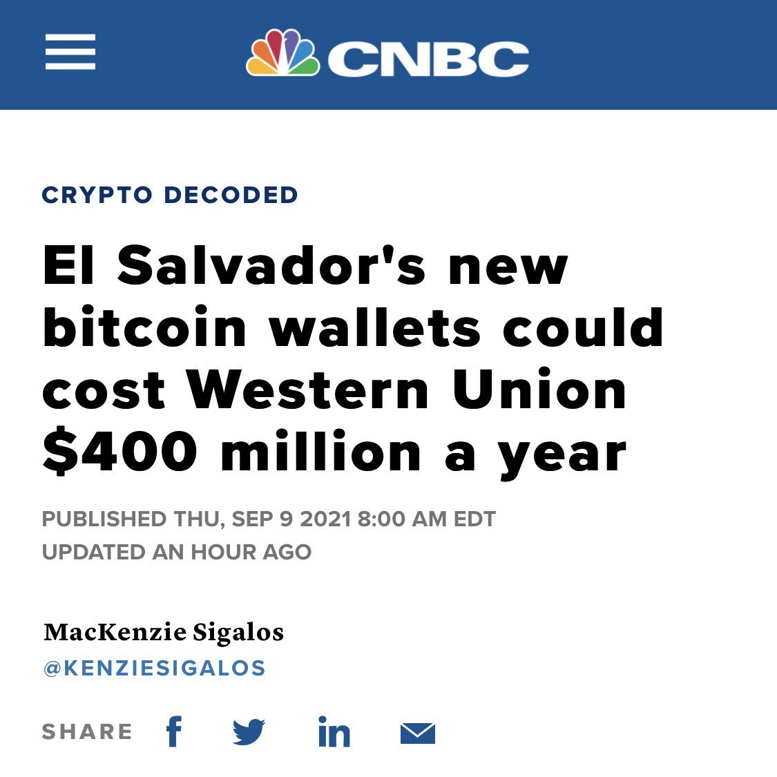 🗞️ "محفظة #البيتكوين الجديدة في السلفادور قد تكلف شركة <a href="/WesternUnion/">Western Union</a> 400 مليون دولار سنوياً"

🇸🇻 400 مليون دولار تعود إلى جيوب السلفادوريين