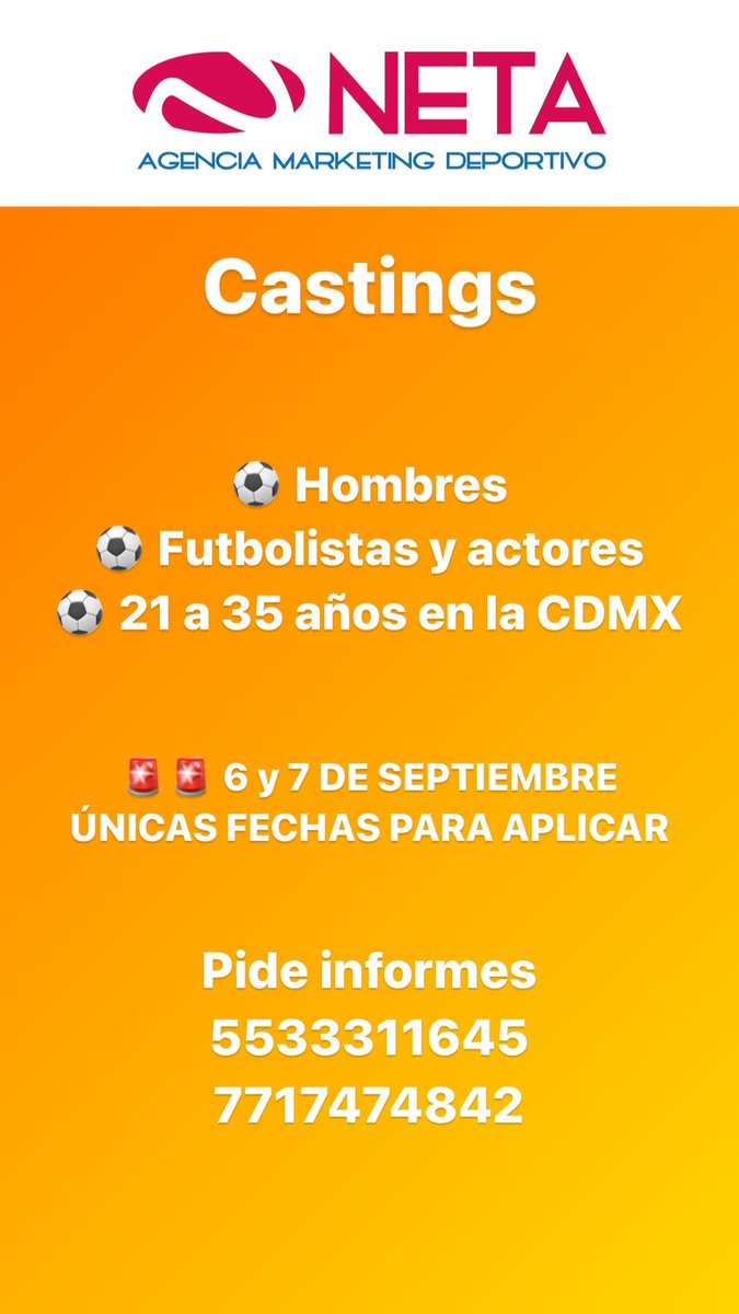 NetaAgencia's tweet photo. Castings NETA 6 y 7 de septiembre únicos días para aplicar.

#castings #castingcall #castingagency #agenciadecasting #marketingdeportivo #talentodeportivo #deporte #deportemexico #NETAAgenciaDeportiva https://t.co/ANQVqfRGpc