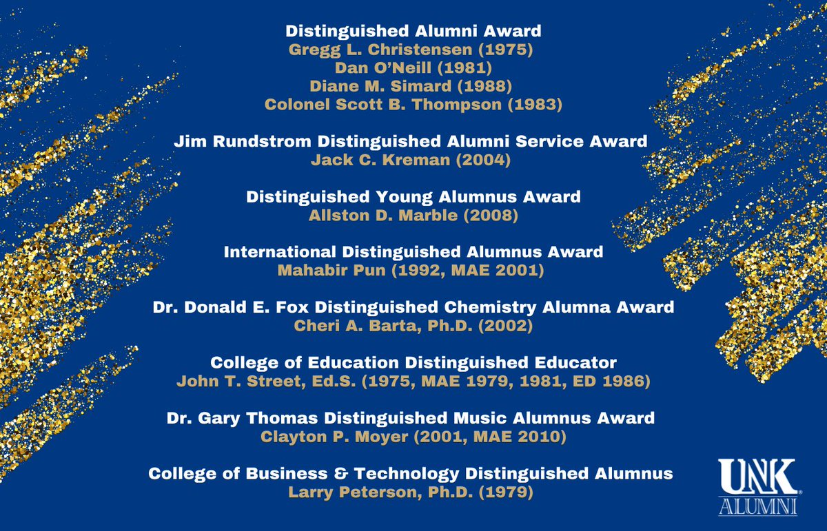 We're happy to announce our 2022 UNK Alumni Award recipients! Be watching our social media sites as we highlight each recipient leading up to our Distinguished Alumni Awards Luncheon on Oct. 28. For more information about these outstanding alumni, visit unkalumni.org/stay-informed/…
