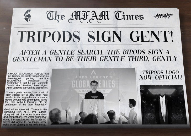 NICKMERCS's tweet photo. Big news on the Apex front: Tripods are movin’ forward with @G2Gent as our new third for the ALGS Pro League! @yaboydeeds &amp; I are excited to compete at the highest level with one of the best in the game 🔥🔥 https://t.co/giS03YLCL6