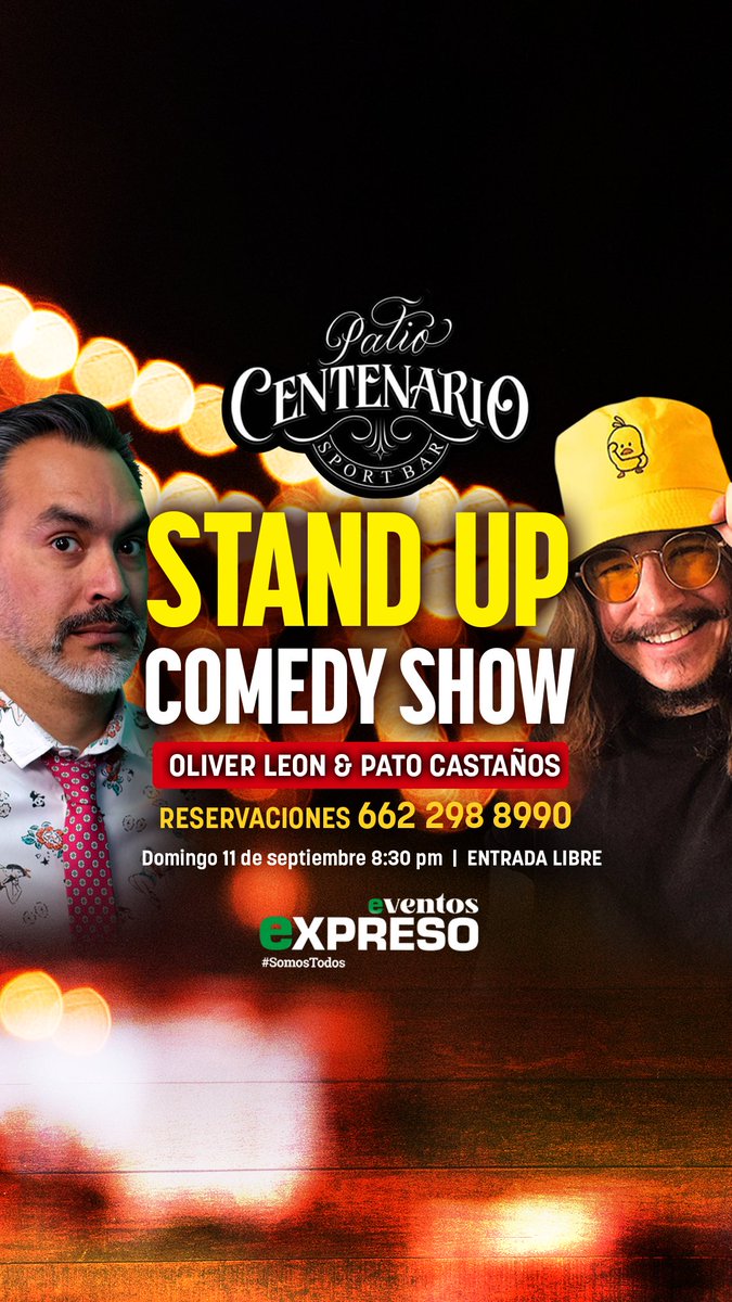 ShiloComedy's tweet photo. 🍺 VEN A REÍRTE A CARCAJADAS 🍻
Oliver Leon y Pato Castaños en su show de Stand Up Comedy te harán reír y pasar un gran rato en Patio Centenario

Mas detalles acá: https://t.co/BS7ncpLiqe

🧨ENTRADA LIBRE

Presentado por Eventos @expresoweb
#EventosExpreso #ExpresoSomosTodos https://t.co/4xquAuoJO4