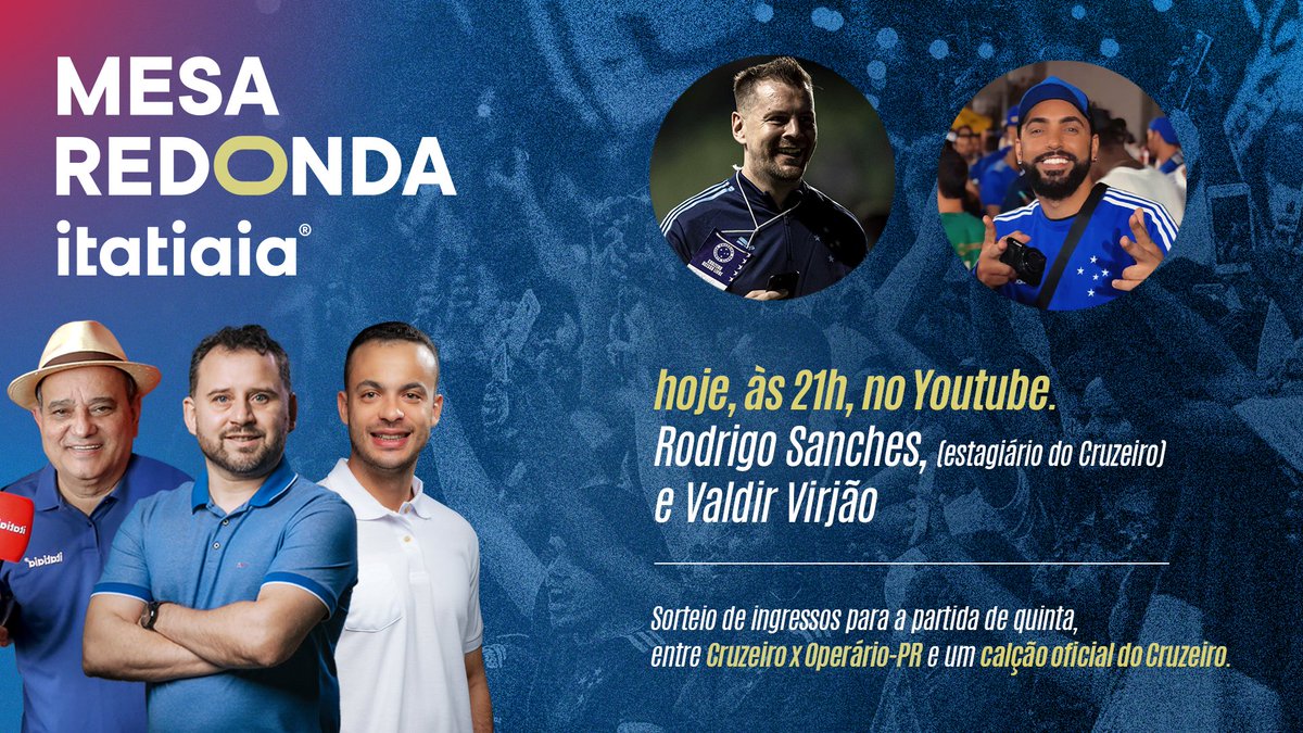📲 A Mesa Redonda do #Cruzeiro desta terça-feira (06) recebe, a partir de 21h, Valdir 'Virjão' (<a href="/valdirvirjao/">Valdir Cruzoeiro</a>), do canal Cruzoeiro, e o 'estagiário' do Cruzeiro, Rodrigo Sanches (<a href="/orodrigosanches/">Rodrigo Sanches</a>).

🎙O programa terá apresentação de <a href="/pequetitoreis/">Pequetito</a>, <a href="/guilhermepiu/">Guilherme Piu</a> e <a href="/rubenswlj/">Rubens Júnior</a>
